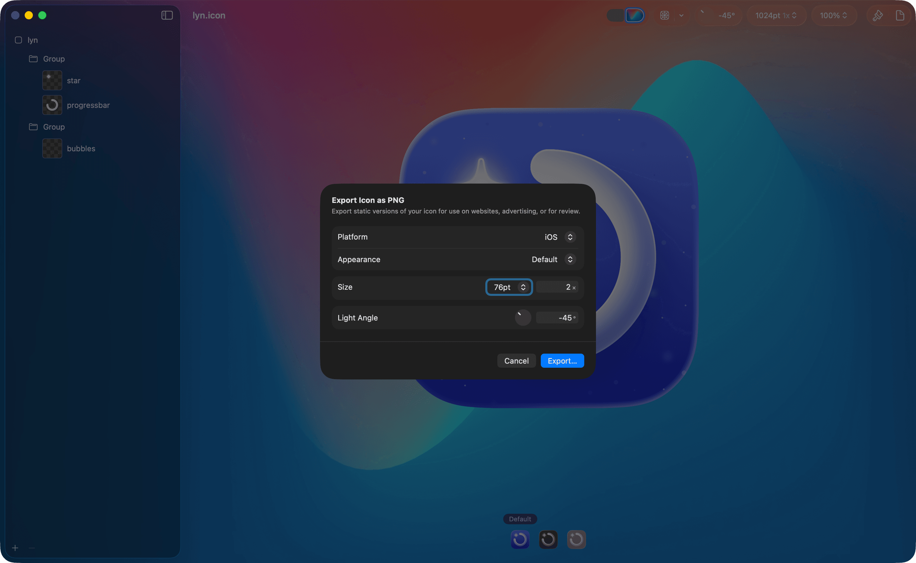 Export window of the Icon Composer app