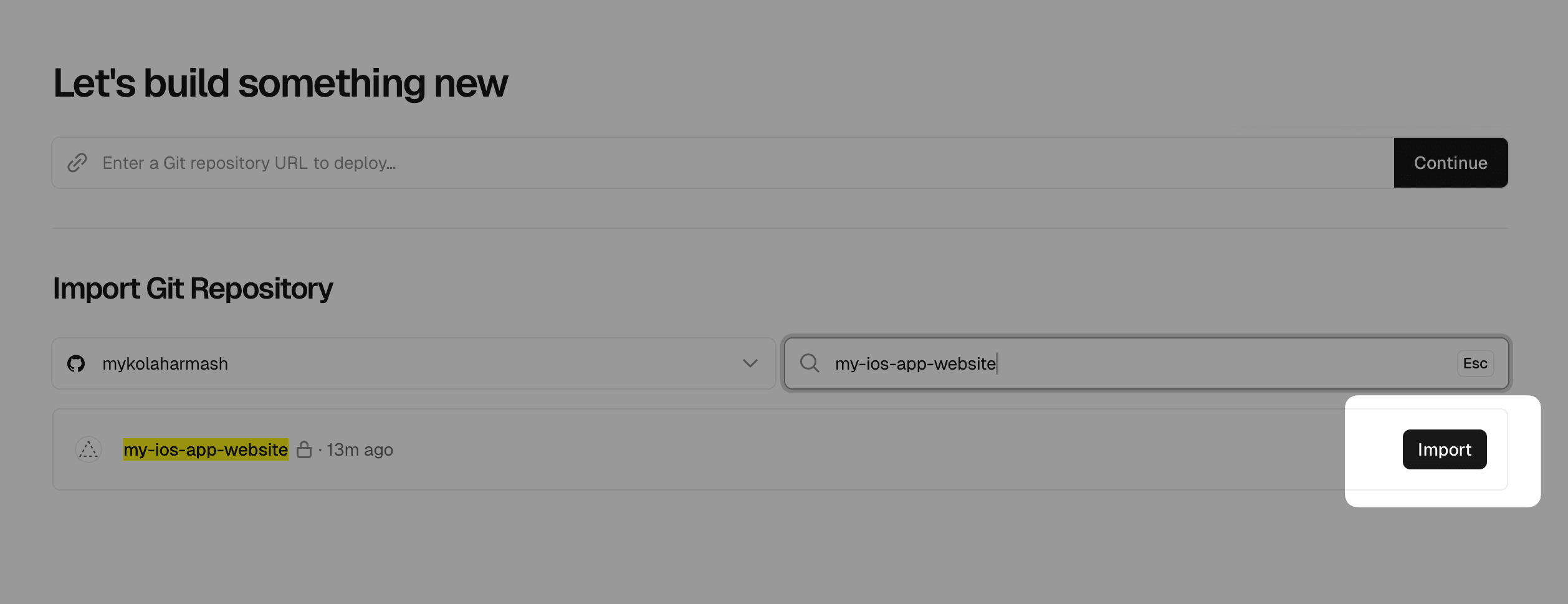 Screenshot of the Vercel import page